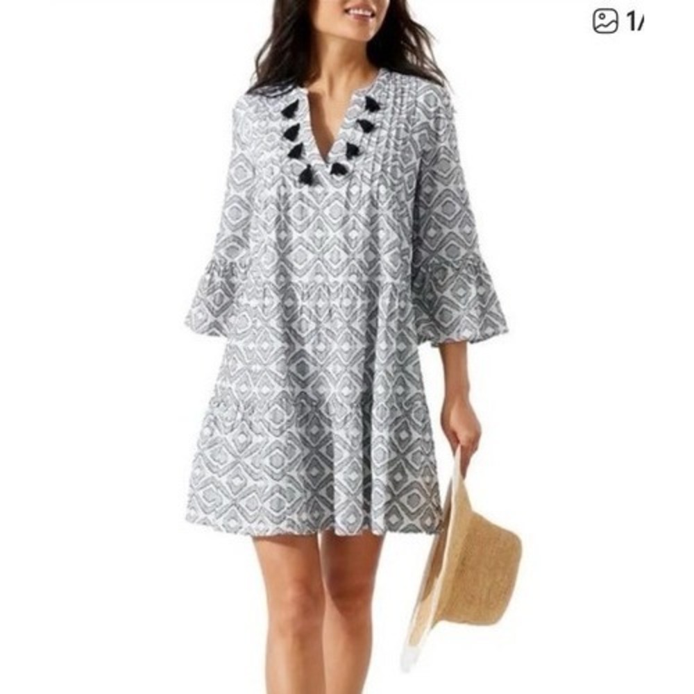 Tommy Bahama Diamond Clip Jacquard Tiered 3/4 Bell Sleeve Dress Tassel Size S